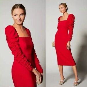 Antonio Melani Square‎ Neck Long Ruched Sleeve Midi Dress Red Elegant Cocktail
